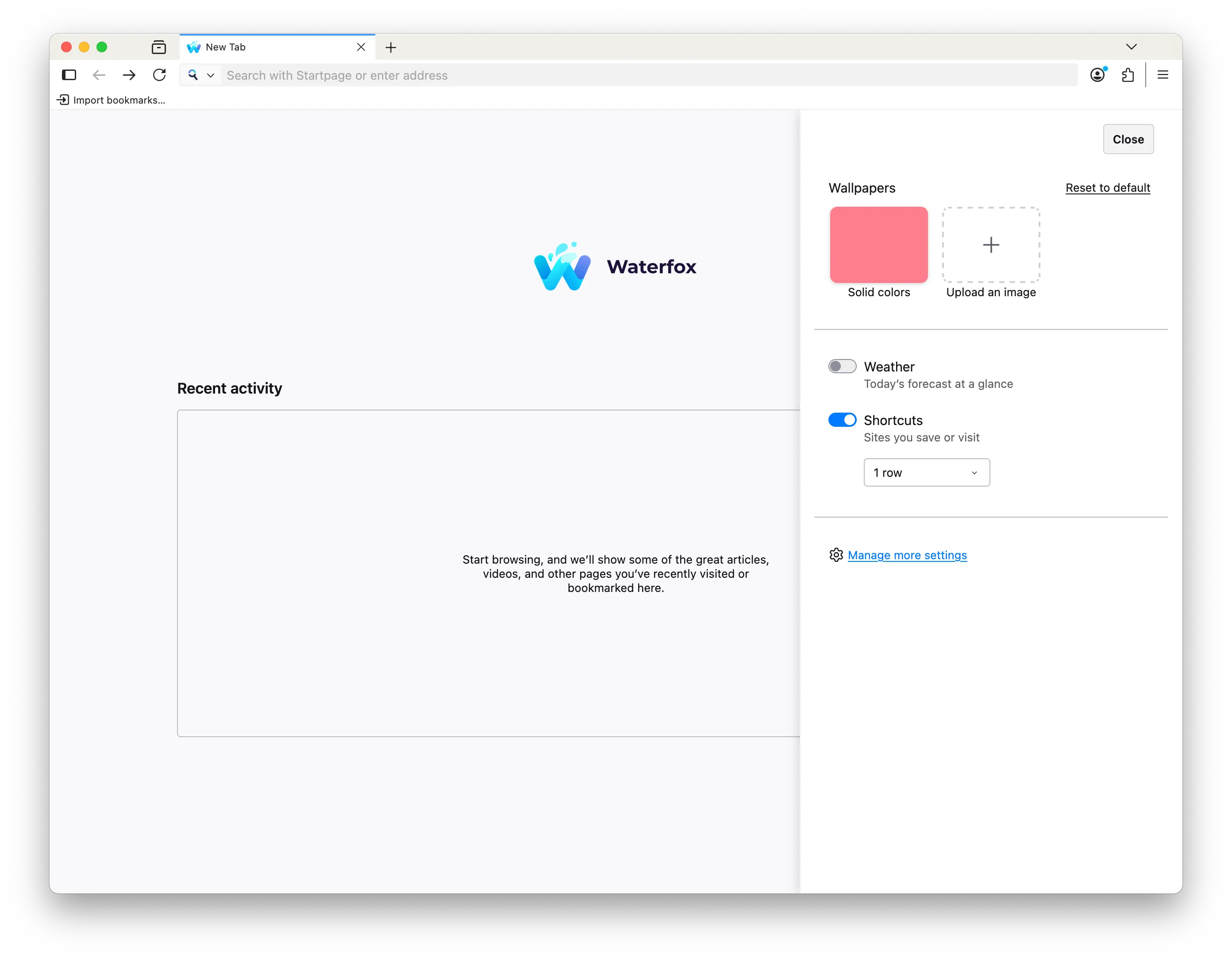 New tab page settings panel