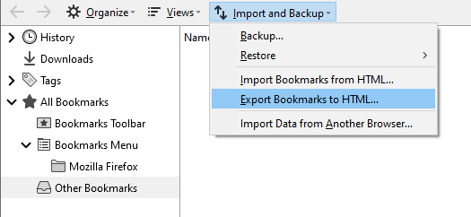 Library window - Export Bookmarks to HTML